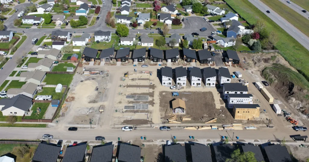 Aerial view of an Idaho neighborhood built with kit homes