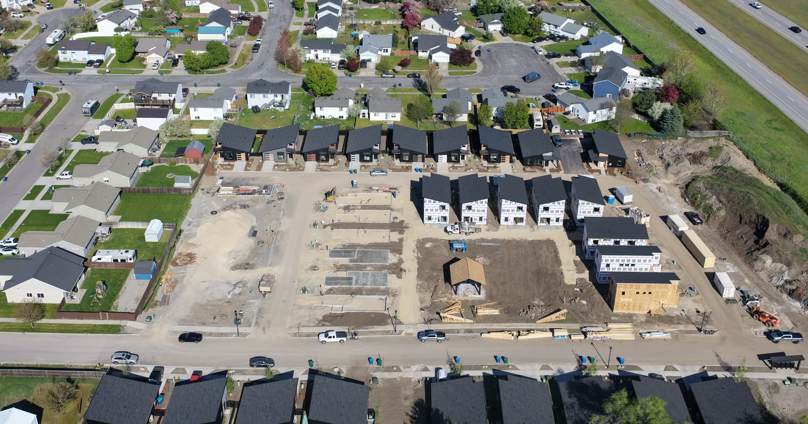 Aerial view of an Idaho neighborhood built with kit homes