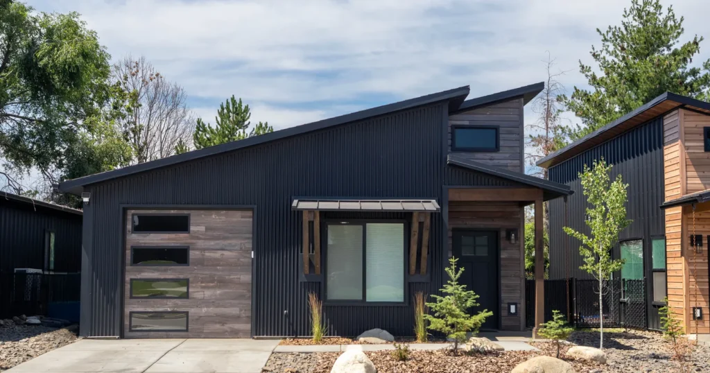 Modern prefab home in Washington State with metal and wood siding