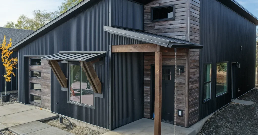 Black exterior of a Kit Culture American-made house kit home built on permanent foundation in Idaho